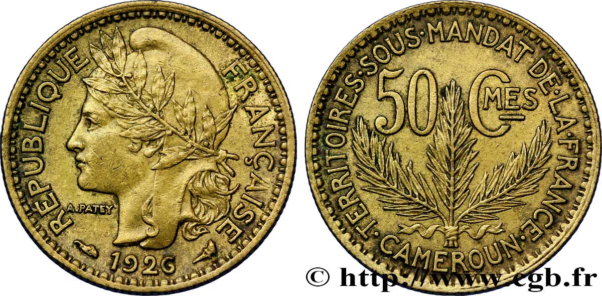 CAMEROON - FRENCH MANDATE TERRITORIES 50 Centimes 1926 Paris AU 