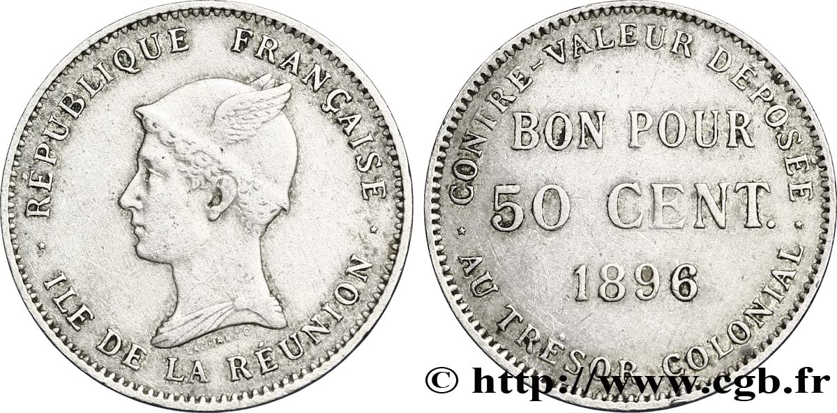 REUNION - Third Republic 50 Centimes 1896 Paris XF 