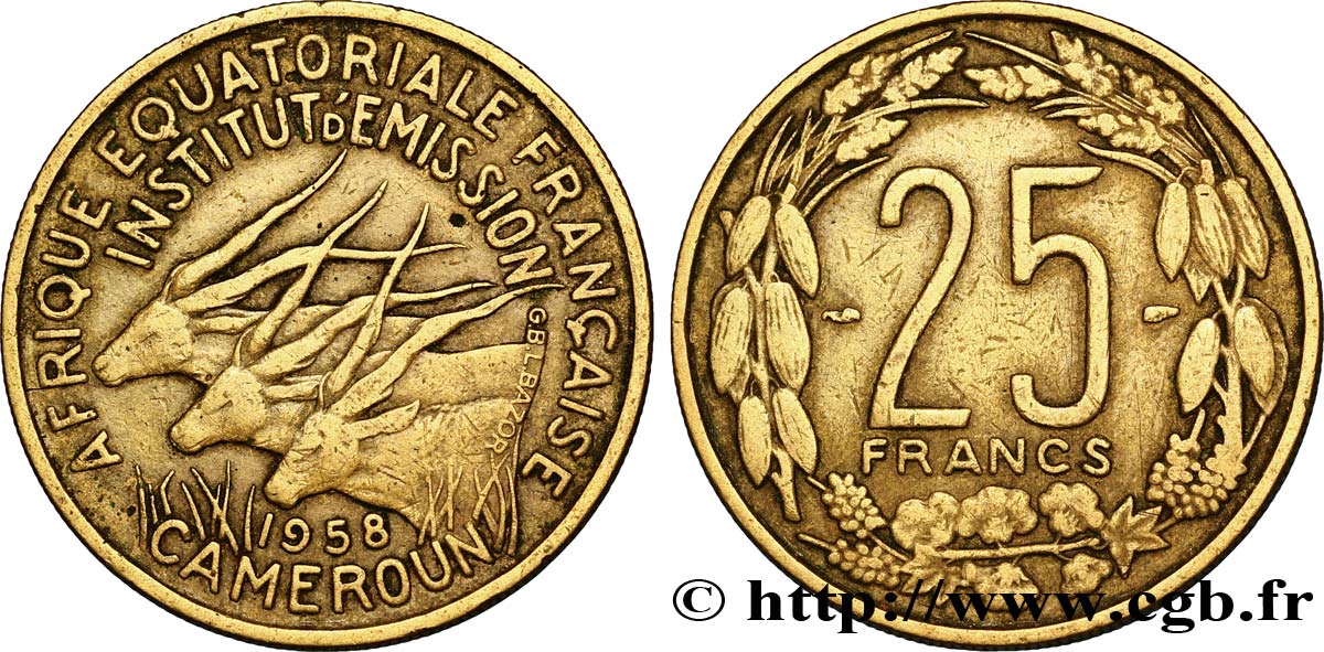 AFRIQUE ÉQUATORIALE FRANÇAISE - CAMEROUN 25 Francs antilopes 1958 Paris TB+ 