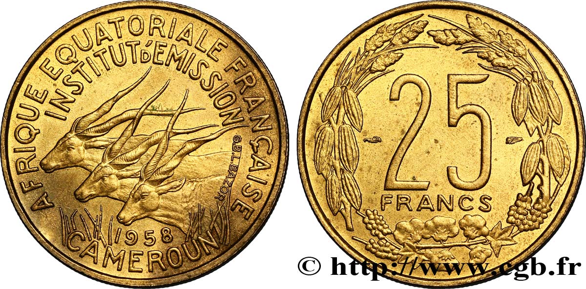 FRANZÖSISCHE EQUATORIAL AFRICA - KAMERUN 25 Francs antilopes 1958 Paris VZ 