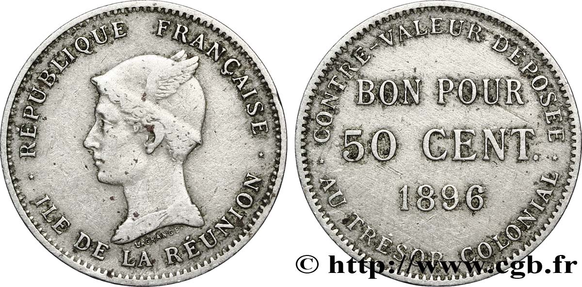 REUNION - Third Republic 50 Centimes 1896 Paris VF 