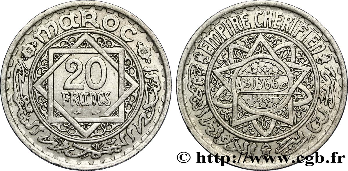 MARUECOS - PROTECTORADO FRANCÉS 20 Francs AH 1366 1947 Paris EBC 