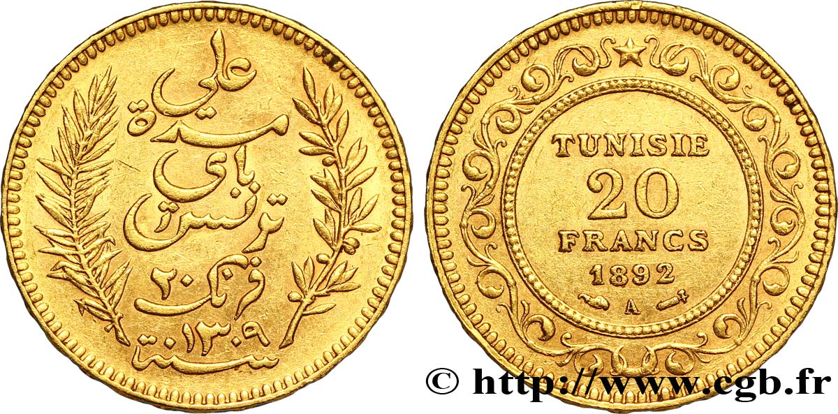 TUNEZ - Protectorado Frances 20 Francs or Bey Ali AH1309 1892 Paris MBC 
