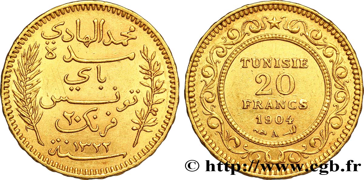 TUNISIE - PROTECTORAT FRANÇAIS 20 Francs or Bey Mohamed El Hadi AH1322 1904 Paris SUP 