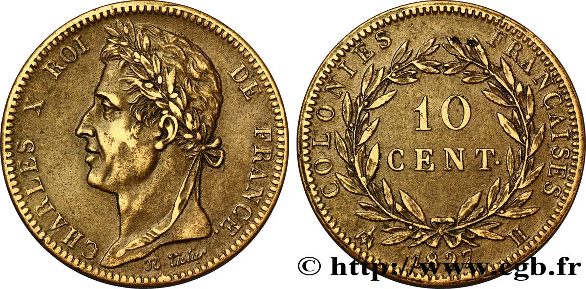 COLONIAS FRANCESAS - Charles X, para Martinica y Guadalupe 10 Centimes Charles X 1827 La Rochelle - H EBC 