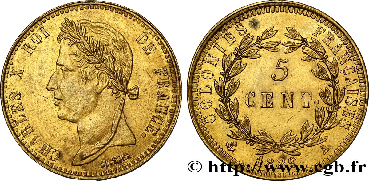 COLONIAS FRANCESAS - Charles X, para Guayana 5 Centimes pour les colonies françaises, Guyane 1829 Paris EBC 