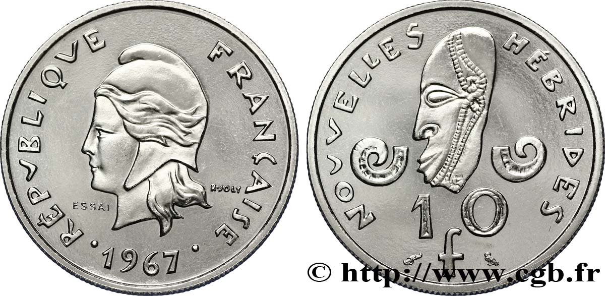 NOUVELLES HÉBRIDES (VANUATU depuis 1980) Essai de 10 Francs Marianne / masque 1967 Paris SPL 