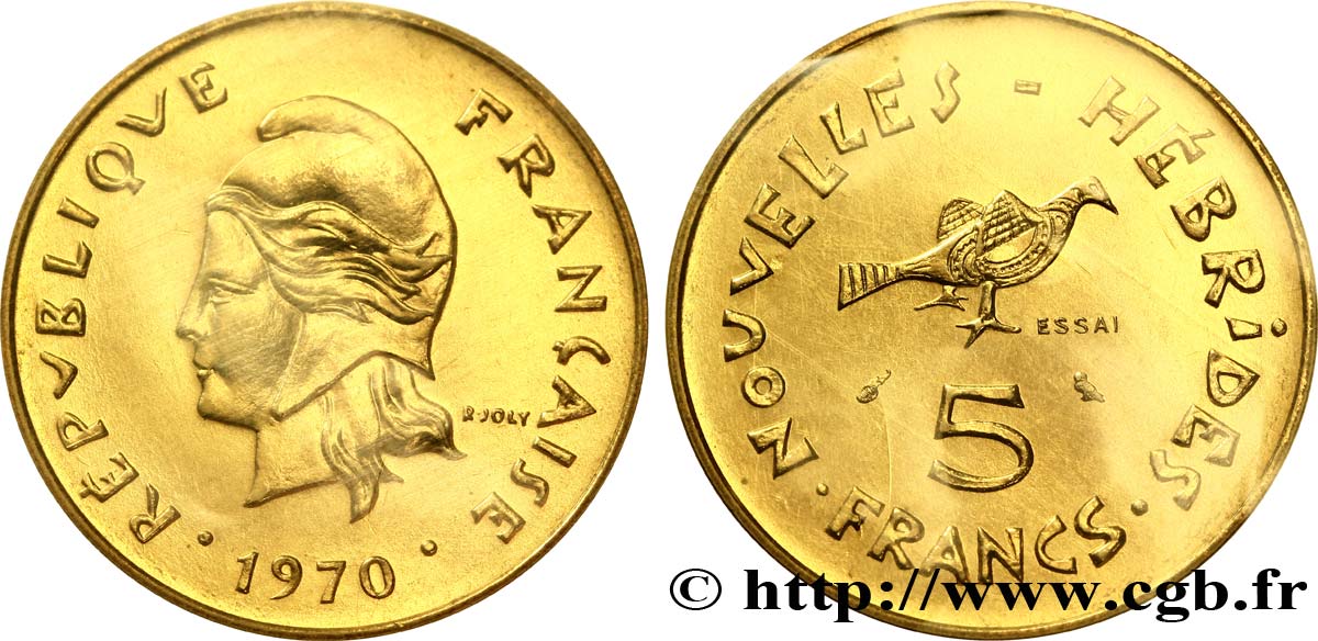 NEW HEBRIDES (VANUATU since 1980) Essai de 5 Francs Marianne / oiseau 1970 Paris MS 