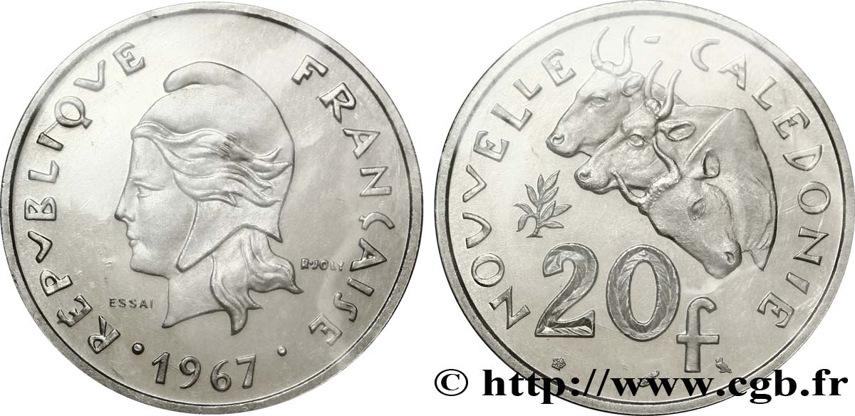 NEUKALEDONIEN Essai de 20 Francs Marianne / buffles 1967 Paris ST 