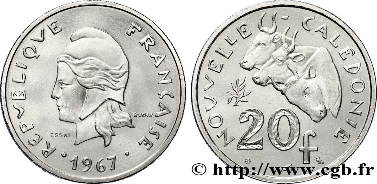 NEUKALEDONIEN Essai de 20 Francs Marianne / buffles 1967 Paris fST 
