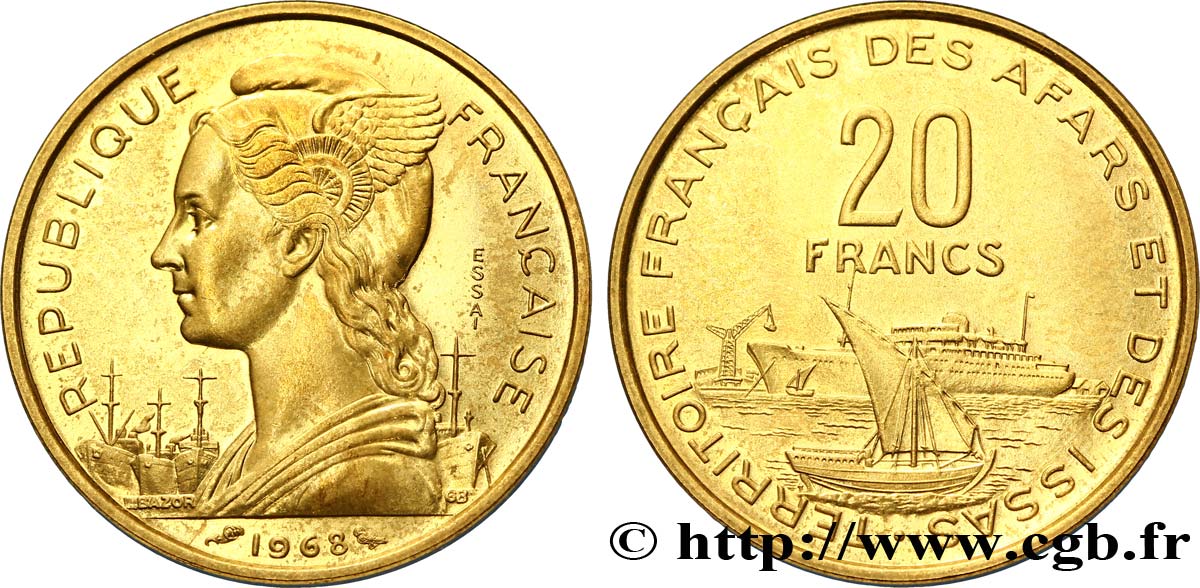 DSCHIBUTI - Französisches Afar- und Issa-Territorium Essai de 20 Francs Marianne / port 1968 Paris fST 