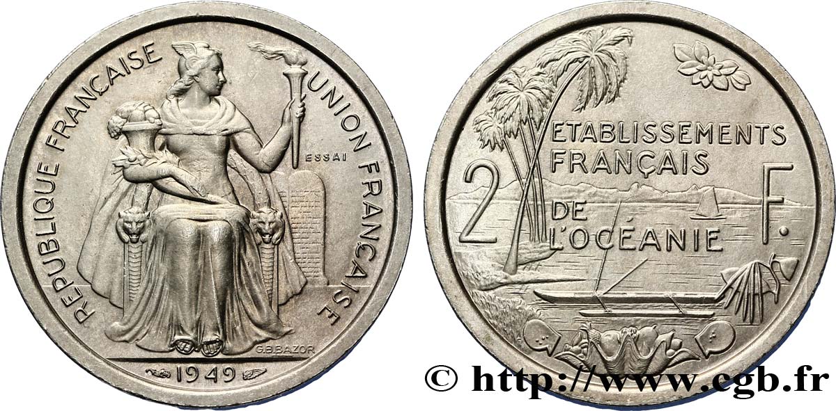 FRANZÖSISCHE POLYNESIA - Franzözische Ozeanien Essai de 2 Francs Établissements français de l’Océanie 1949 Paris fST 