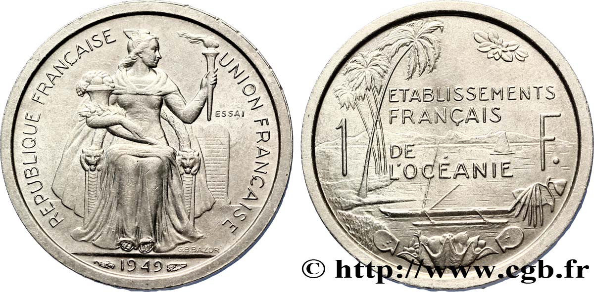 FRENCH POLYNESIA - French Oceania Essai de 1 Franc établissement français de l’Océanie 1949 Paris MS 