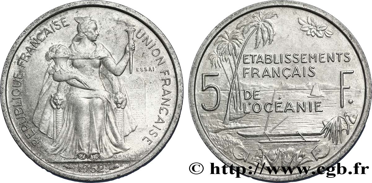 POLINESIA FRANCESE - Oceania Francese Essai de 5 Francs Établissements français de l’Océanie 1952 Paris SPL 