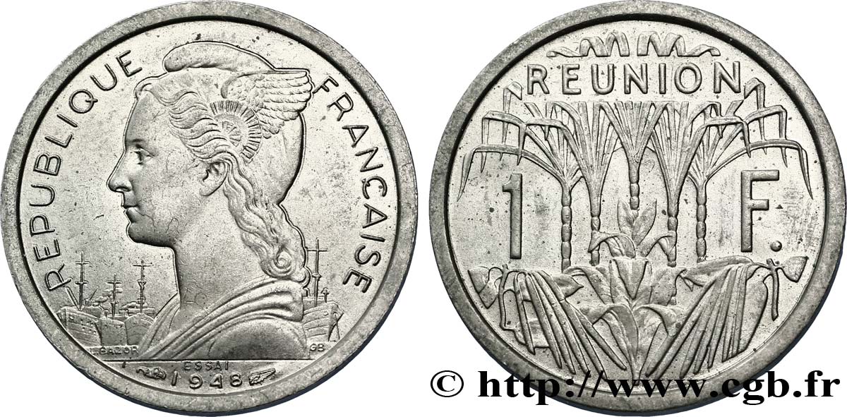 ÎLE DE LA RÉUNION - UNION FRANCAISE 1 Franc Essai buste de la République /  1948 Paris SPL 