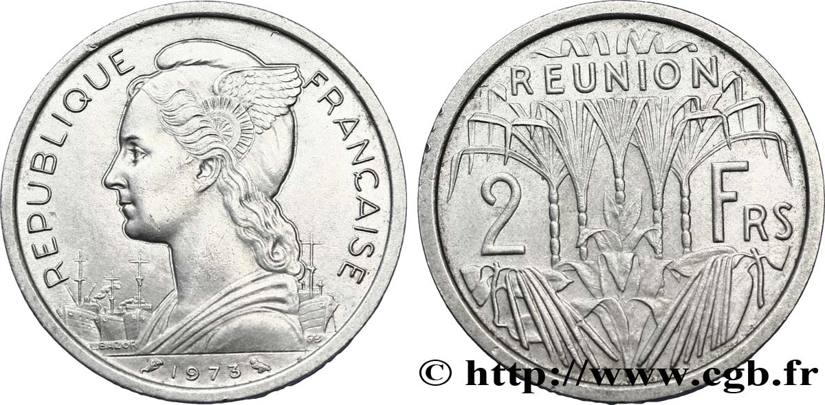 ISLA DE LA REUNIóN 2 Francs Marianne / canne à sucre 1973 Paris EBC 