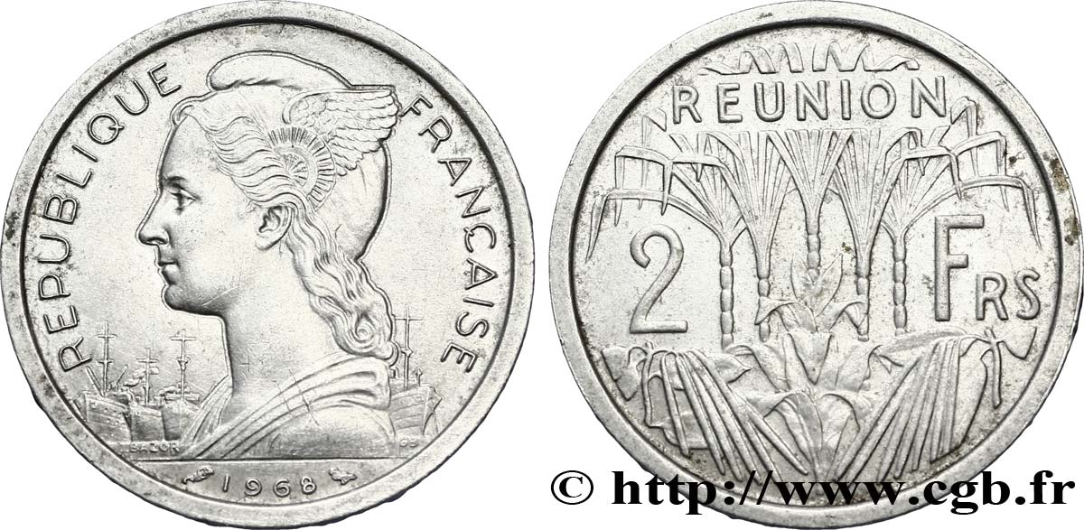 ÎLE DE LA RÉUNION 2 Francs Marianne / canne à sucre 1968 Paris TTB 