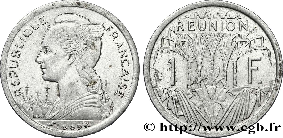 ISLA DE LA REUNIóN 1 Franc Marianne / canne à sucre 1969 Paris EBC 