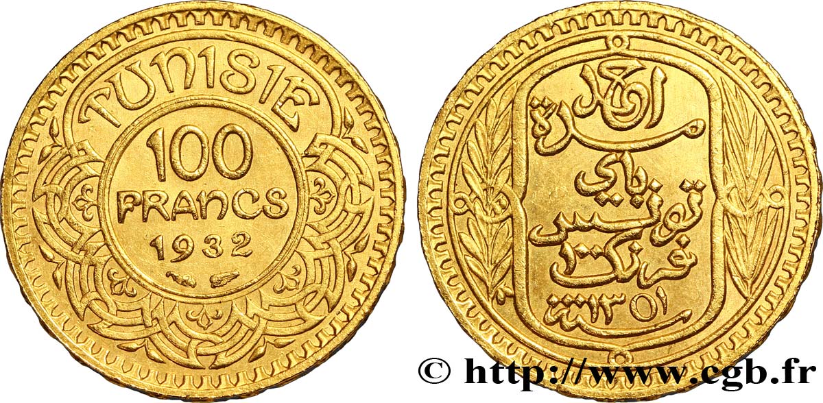 TUNISIA - Protettorato Francese 100 Francs or frappée au nom du Bey Ahmed 1932 Paris SPL 