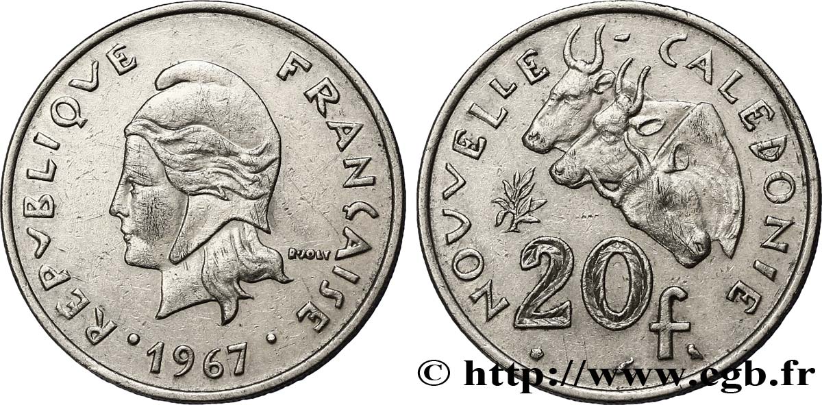 NEUKALEDONIEN 20 Francs Marianne / zébus d’élevage de Nouvelle Calédonie  1967 Paris SS 