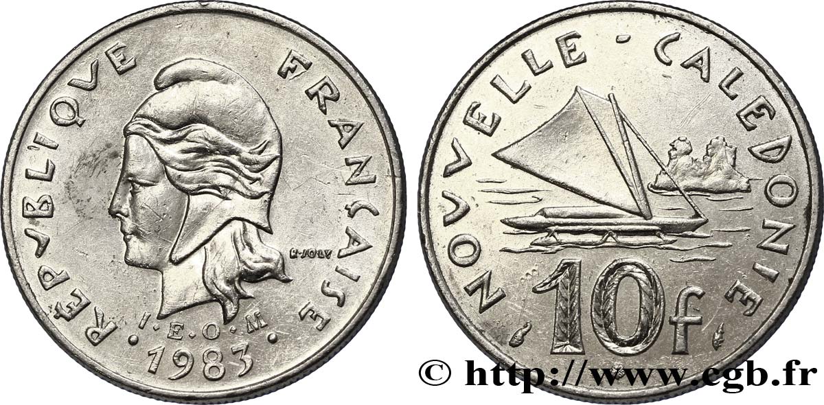 NEW CALEDONIA 10 Francs I.E.O.M. Marianne / voilier 1983 Paris AU 