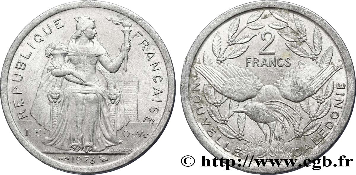 NEW CALEDONIA 2 Francs I.E.O.M.  1973 Paris XF 