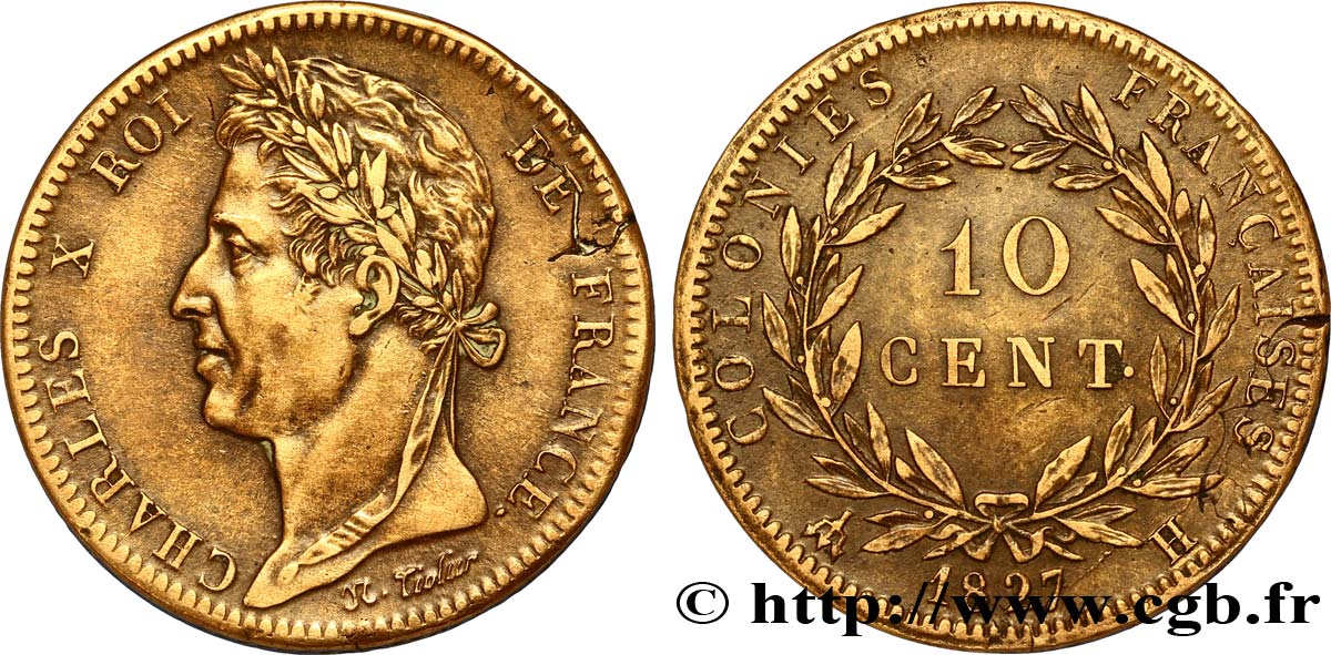 COLONIAS FRANCESAS - Charles X, para Martinica y Guadalupe 10 Centimes Charles X 1827 La Rochelle - H EBC 