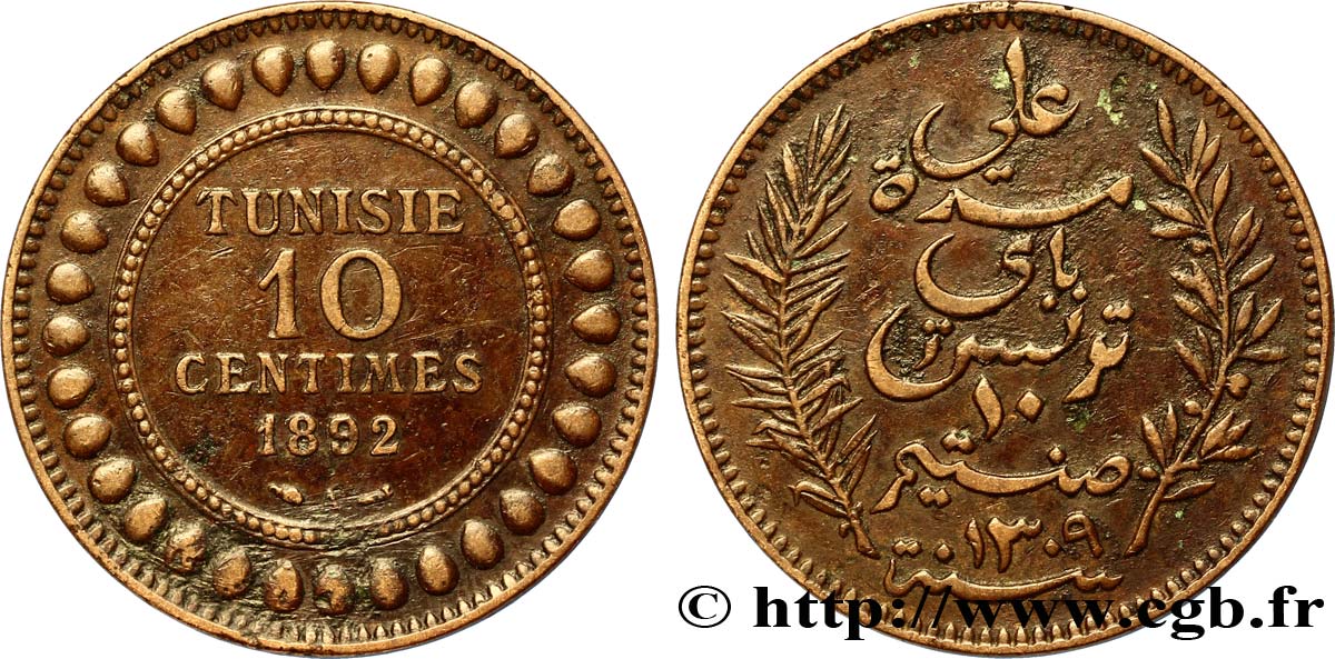 TUNISIA - French protectorate 10 Centimes AH1309 1892 Paris AU 
