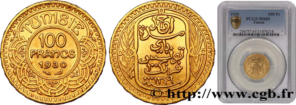 TUNISIA - French protectorate 100 Francs or frappée au nom du Bey Ahmed 1930 Paris MS65 PCGS