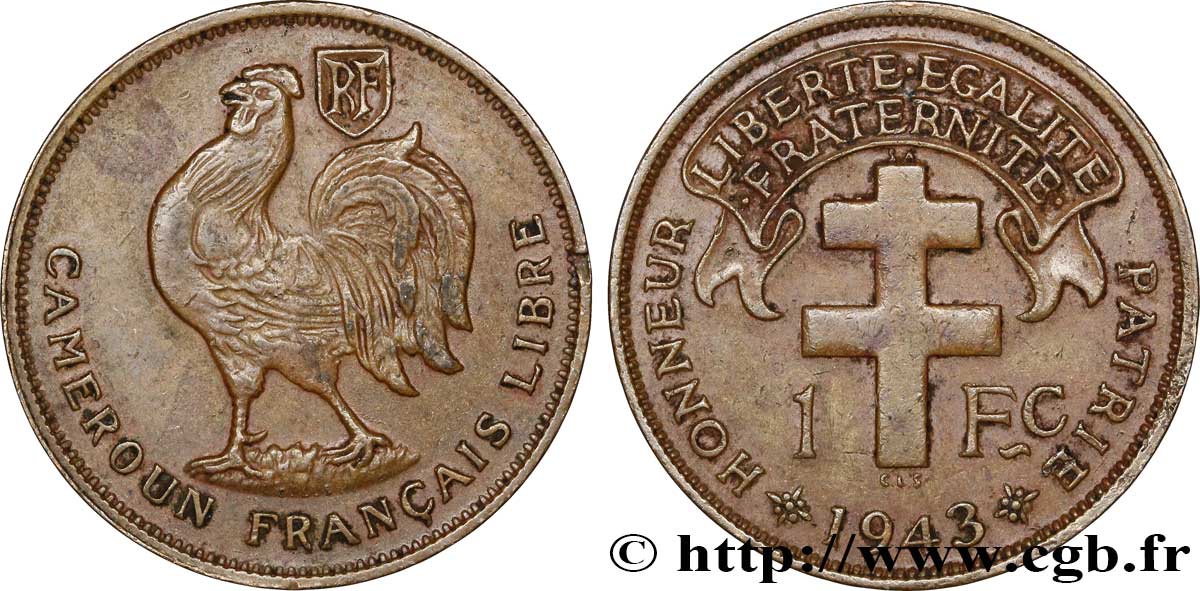 CAMEROON - FRENCH MANDATE TERRITORIES 1 Franc ‘Cameroun Français Libre’ 1943 Prétoria AU 