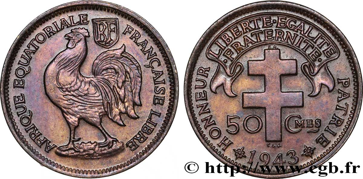 AFRICA ECUATORIAL FRANCESA - Fuerzas Francesas Libras 50 Centimes ‘Afrique Équatoriale Française Libre’ 1943 Prétoria EBC 