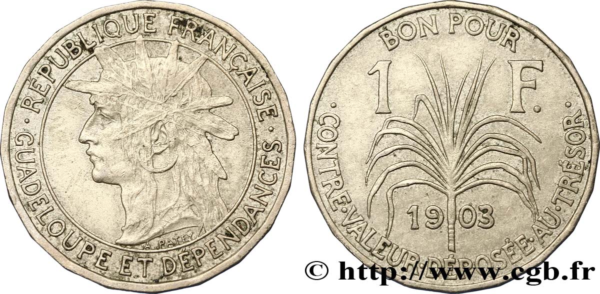 GUADELOUPE Bon pour 1 Franc indien caraïbe / canne à sucre 1903  AU 