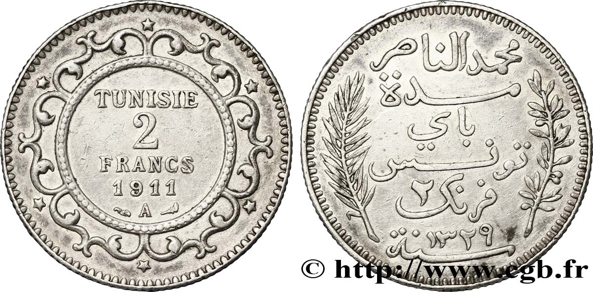 TUNISIA - Protettorato Francese 2 Francs AH1329 1911 Paris - A q.SPL 