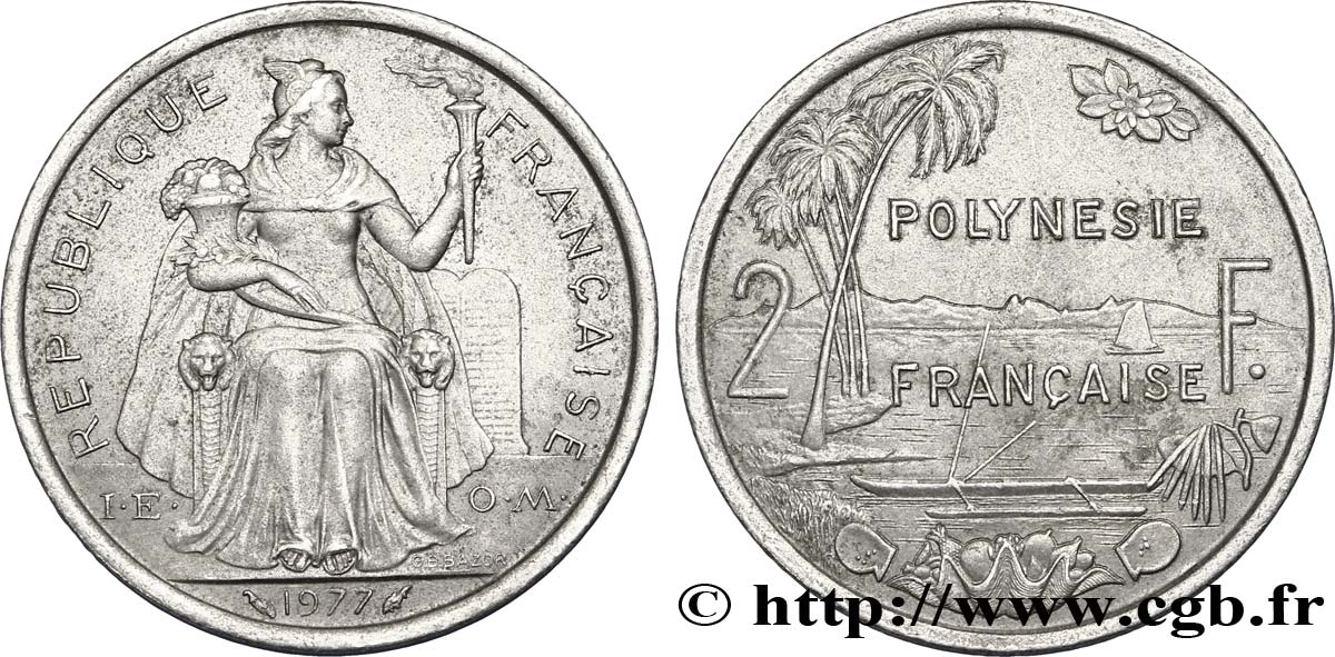 FRENCH POLYNESIA 2 Francs I.E.O.M. Polynésie Française 1977 Paris AU 