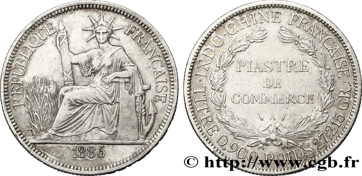 FRANZÖSISCHE-INDOCHINA 1 Piastre de Commerce 1886 Paris SS 