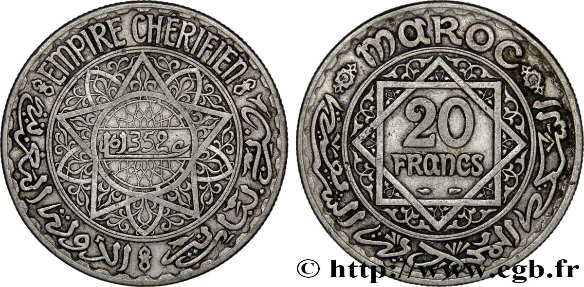 MAROKKO - FRANZÖZISISCH PROTEKTORAT 20 Francs AH 1352 1933 Paris SS 