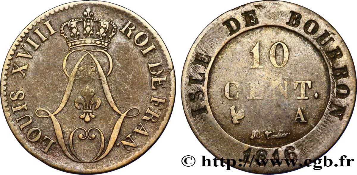 BOURBON ISLAND (REUNION ISLAND) 10 Cent. 1816  XF 