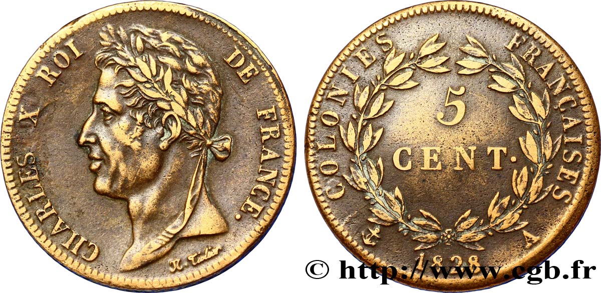 COLONIE FRANCESI - Carlo X, per Guyana 5 Centimes Charles X 1828 Paris - A BB 