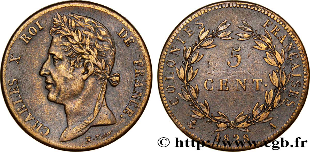 FRANZÖSISCHE KOLONIEN - Charles X, für Guayana 5 Centimes Charles X 1828 Paris - A SS 