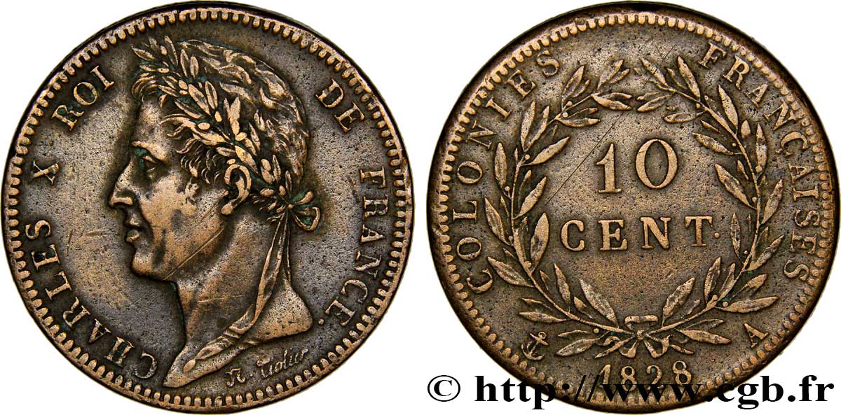 COLONIAS FRANCESAS - Charles X, para Guayana 10 Centimes Charles X 1828 Paris - A MBC+ 
