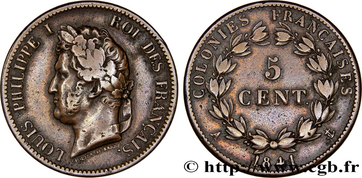 COLONIE FRANCESI - Luigi Filippo, per Guadalupa 5 Centimes Louis Philippe Ier 1841 Paris - A q.BB 