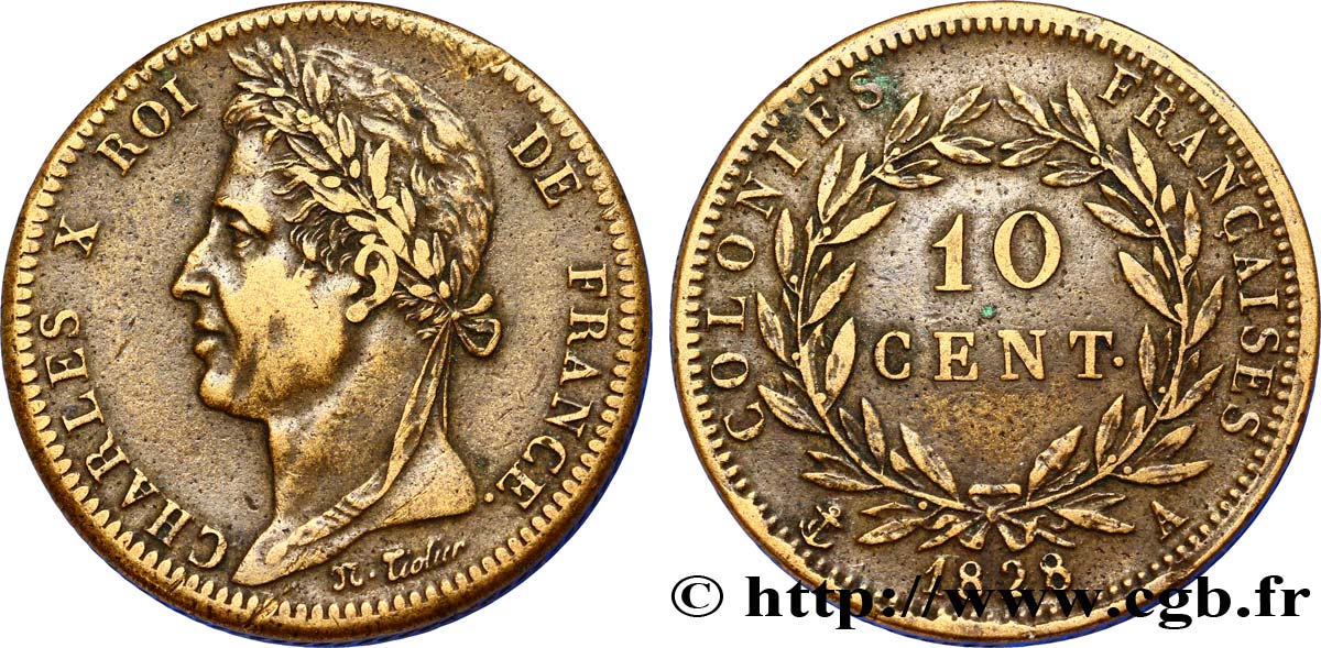 COLONIAS FRANCESAS - Charles X, para Guayana 10 Centimes Charles X 1828 Paris - A MBC 