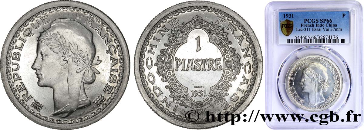 FRANZÖSISCHE-INDOCHINA Essai de 1 Piastre en aluminium 1931 Paris ST66 PCGS