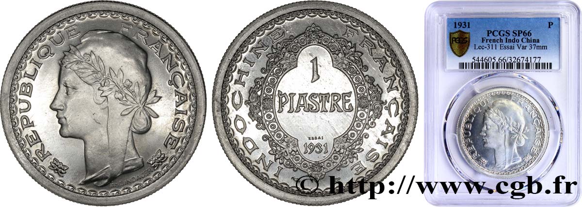 FRANZÖSISCHE-INDOCHINA Essai de 1 Piastre en aluminium 1931 Paris ST66 PCGS