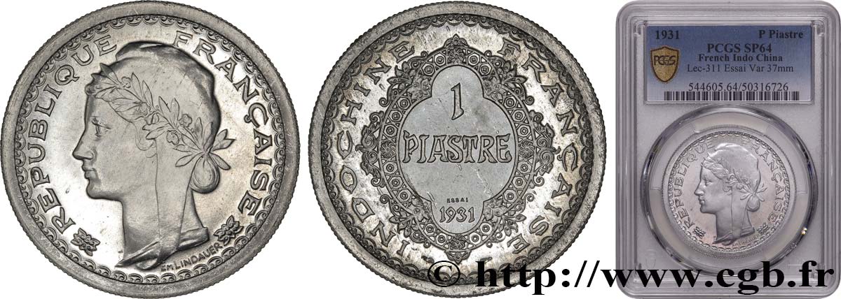 FRENCH INDOCHINA Essai de 1 Piastre en aluminium 1931 Paris MS64 PCGS