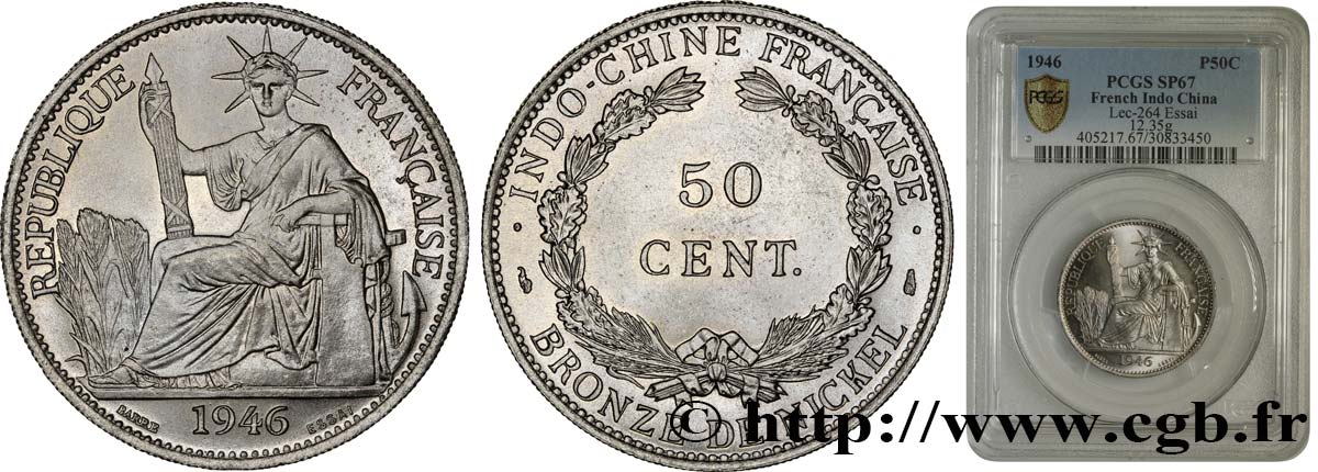 FRENCH INDOCHINA 50 Centièmes ESSAI Indochine Française 1946 Paris MS67 PCGS