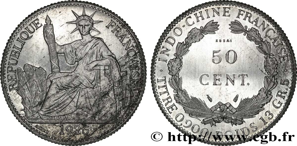 INDOCINA FRANCESE Essai de 50 Cent en aluminium, lourd 1936 Paris MS 
