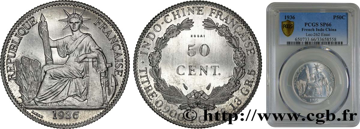 INDOCINA FRANCESE Essai de 50 Cent en aluminium 1936 Paris FDC66 PCGS