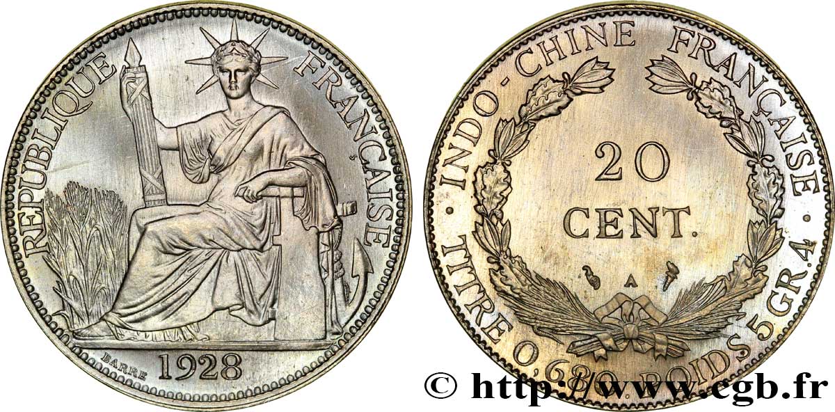 INDOCHINA 20 Centièmes (Essai) Cupro-Nickel 1928 Paris FDC 