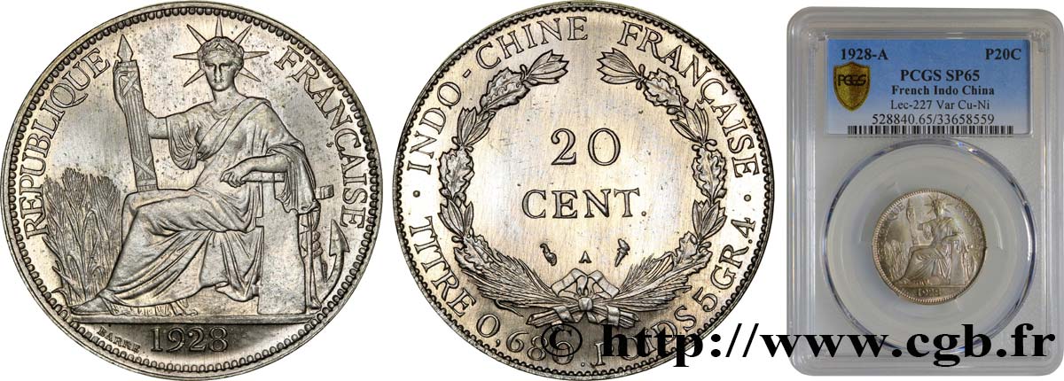 INDOCHINE FRANÇAISE Essai de 20 Centièmes Cupro-Nickel 1928 Paris FDC65 PCGS